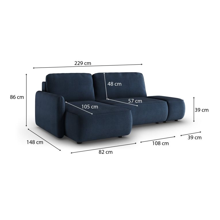 Divano Letto con Penisola blu Contenitore Reclinabile 229x148 cm, Cuscini Sfoderabili - Rezzo