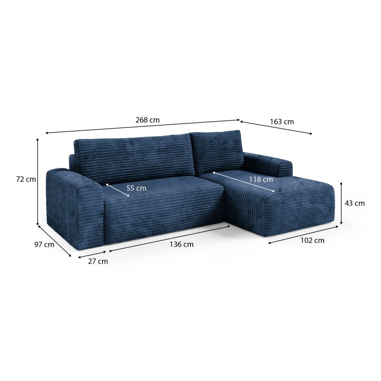 Divano Letto con Penisola blu Contenitore Reclinabile 268x163 cm, Cuscini Sfoderabili - Folgarida