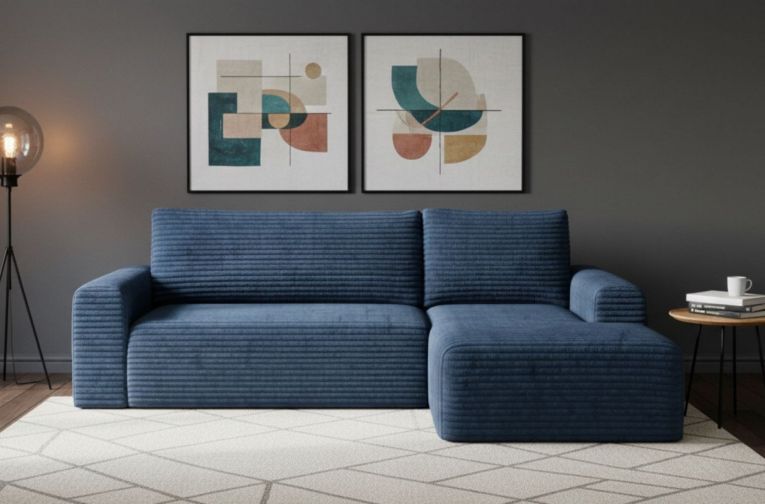 Divano Letto con Penisola blu Contenitore Reclinabile 268x163 cm, Cuscini Sfoderabili - Folgarida