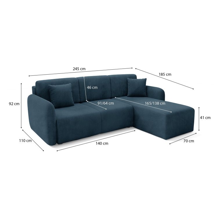 Divano Letto con Penisola blu Contenitore Reversibile 245x185 cm, Reclinabile - Ranco