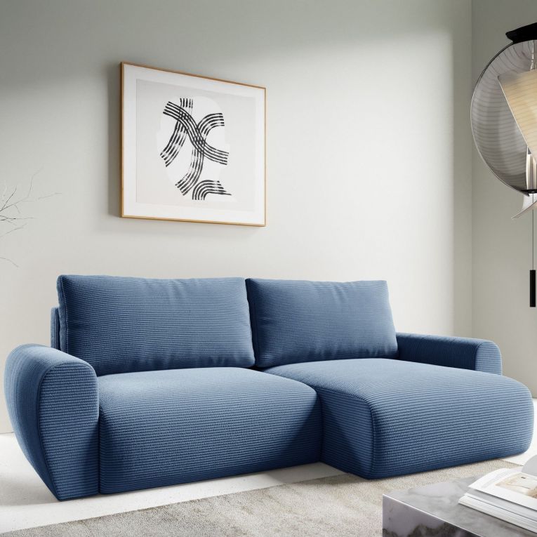 Divano Letto con Penisola blu Contenitore Reversibile 253x153 cm, Reclinabile - Paullo