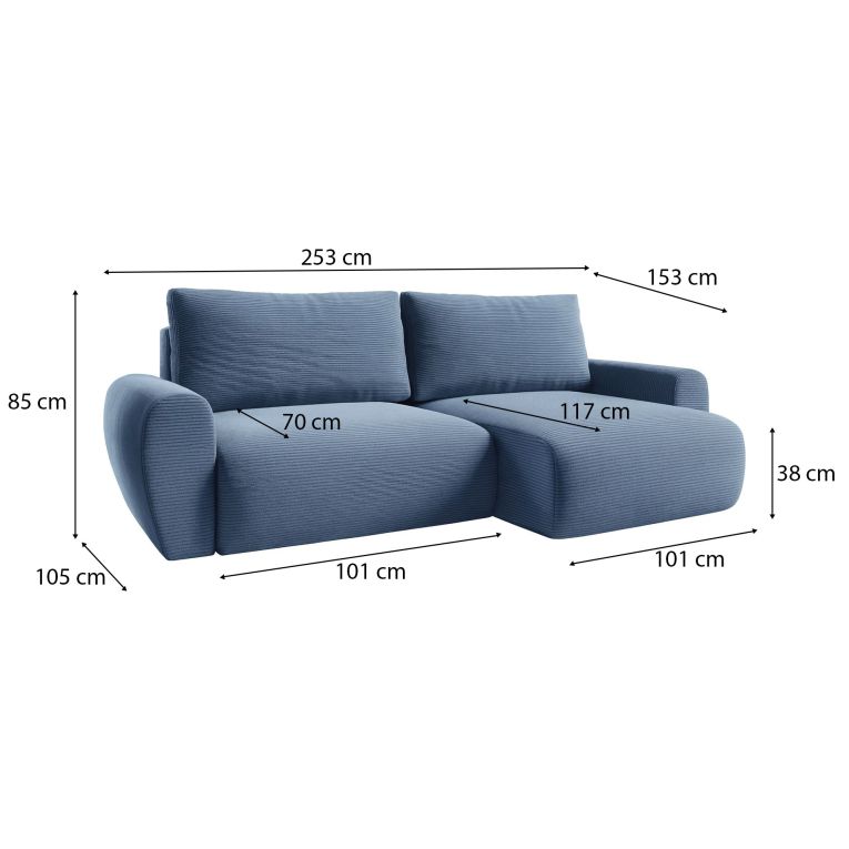 Divano Letto con Penisola blu Contenitore Reversibile 253x153 cm, Reclinabile - Paullo