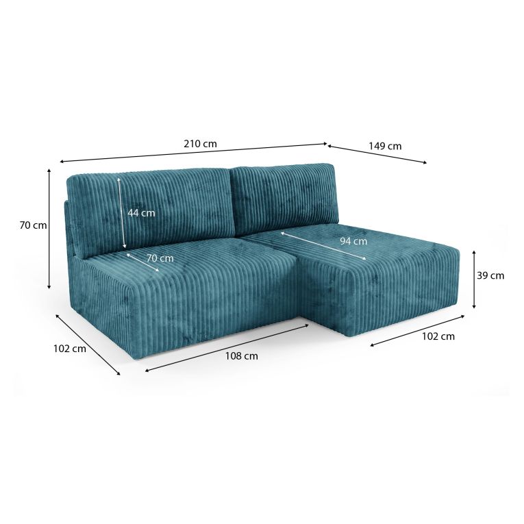 Divano Letto con Penisola blu Petrolio Contenitore Reclinabile 210x149 cm, Cuscini Sfoderabili - Pergola