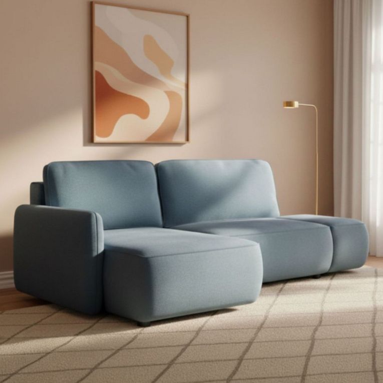 Divano Letto con Penisola blu Petrolio Contenitore Reclinabile 229x148 cm, Cuscini Sfoderabili - Rezzo