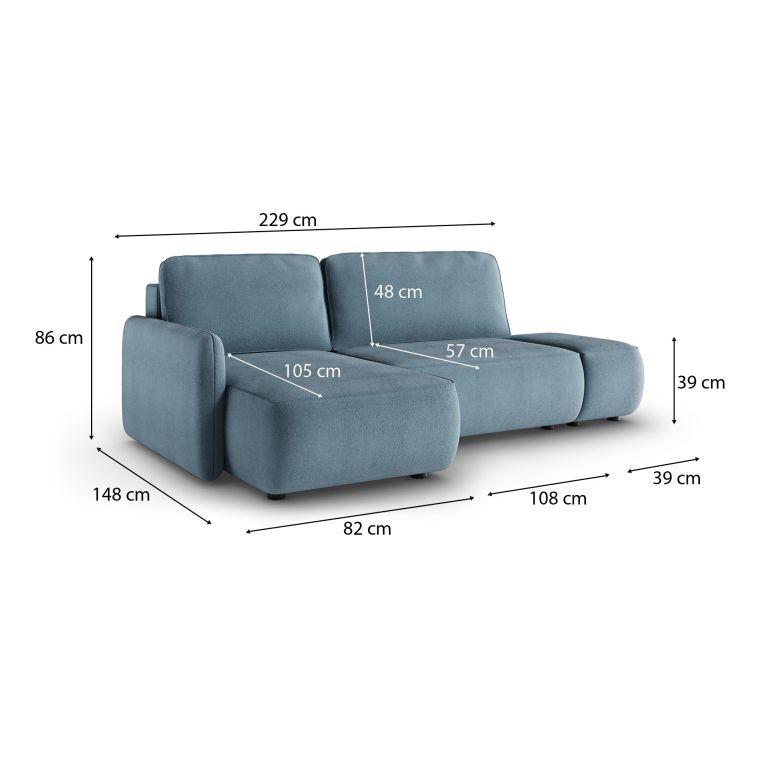 Divano Letto con Penisola blu Petrolio Contenitore Reclinabile 229x148 cm, Cuscini Sfoderabili - Rezzo