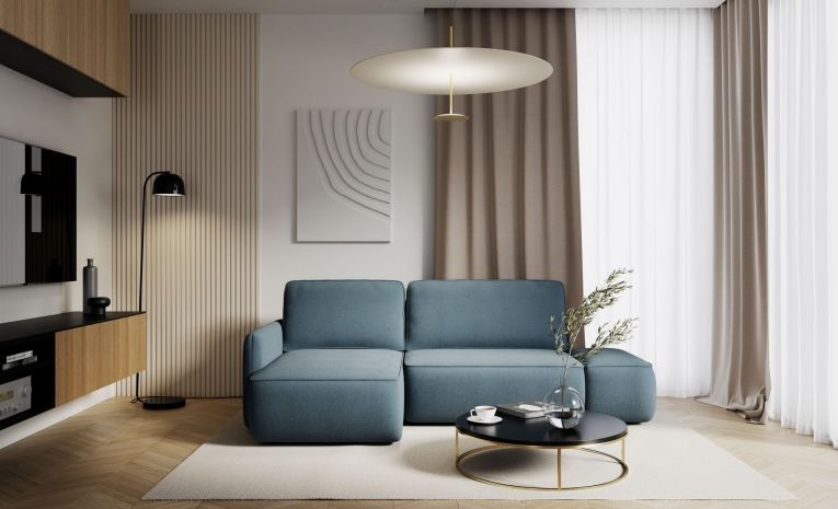 Divano Letto con Penisola blu Petrolio Contenitore Reclinabile 229x148 cm, Cuscini Sfoderabili - Rezzo