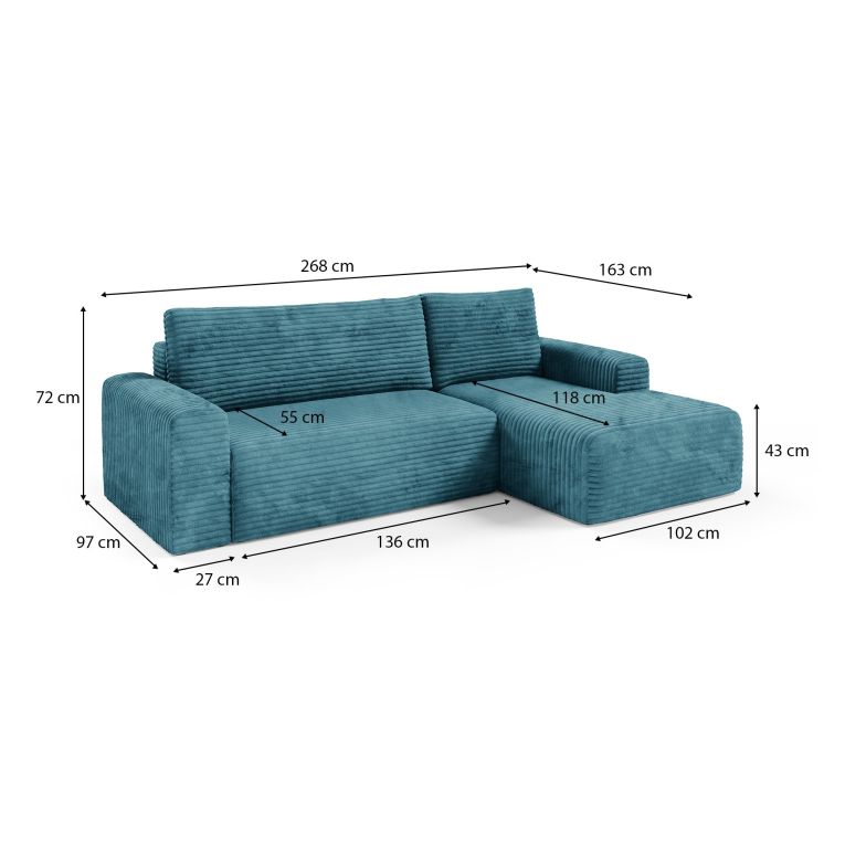 Divano Letto con Penisola blu Petrolio Contenitore Reclinabile 268x163 cm, Cuscini Sfoderabili - Folgarida