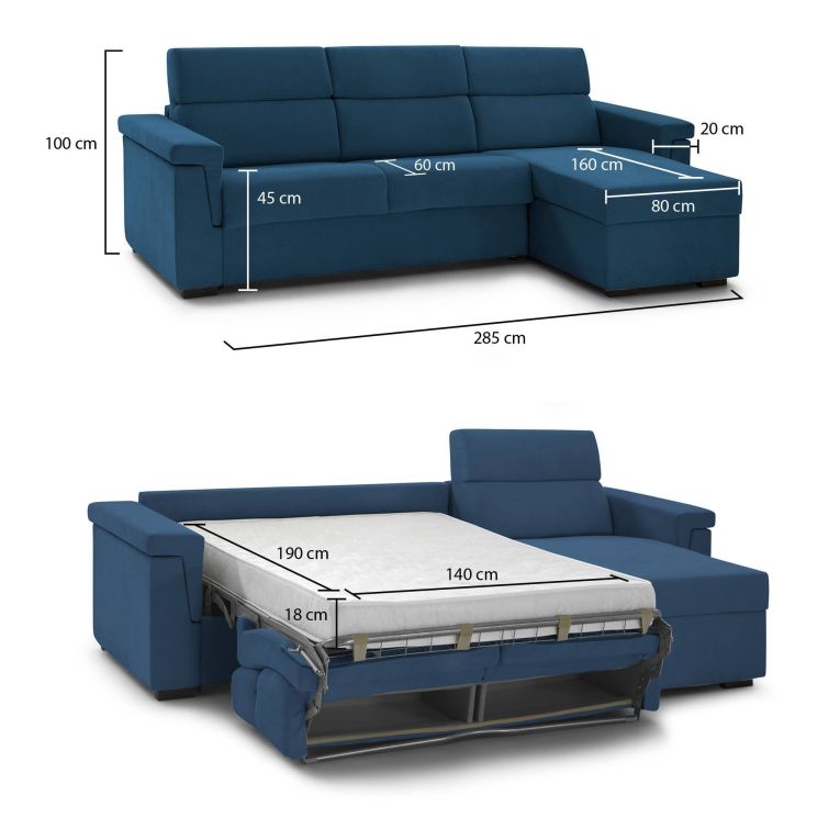 Divano Letto con Penisola blu Sfoderabile Contenitore 285x160 cm, Idrorepellente Multiposizione Made in Italy - Ganzaria