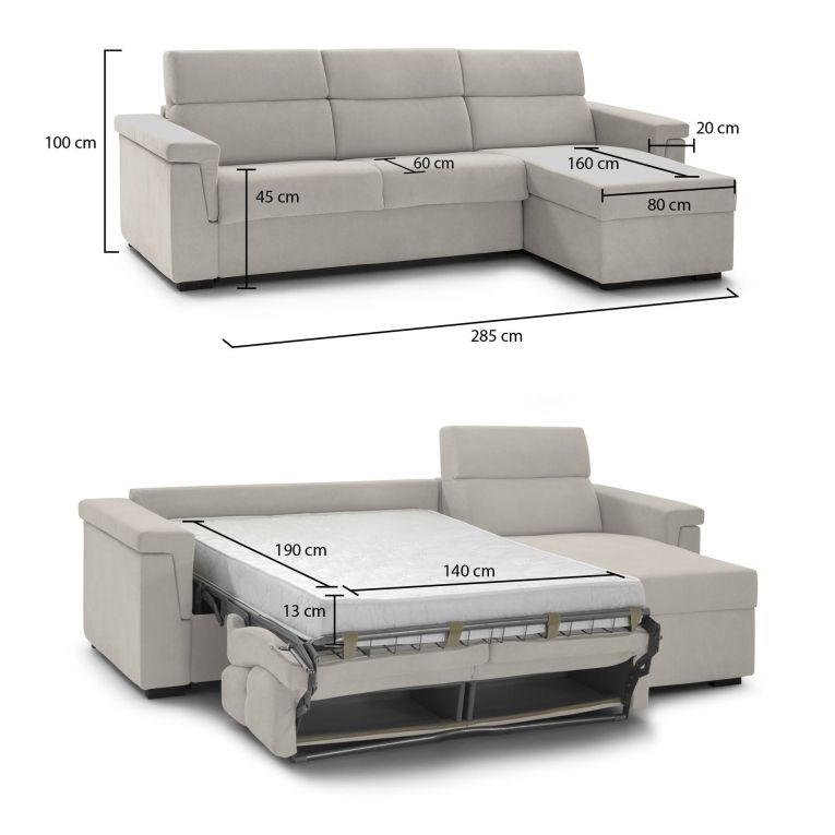 Divano letto con penisola Esca, 285x160 h100 cm, Beige