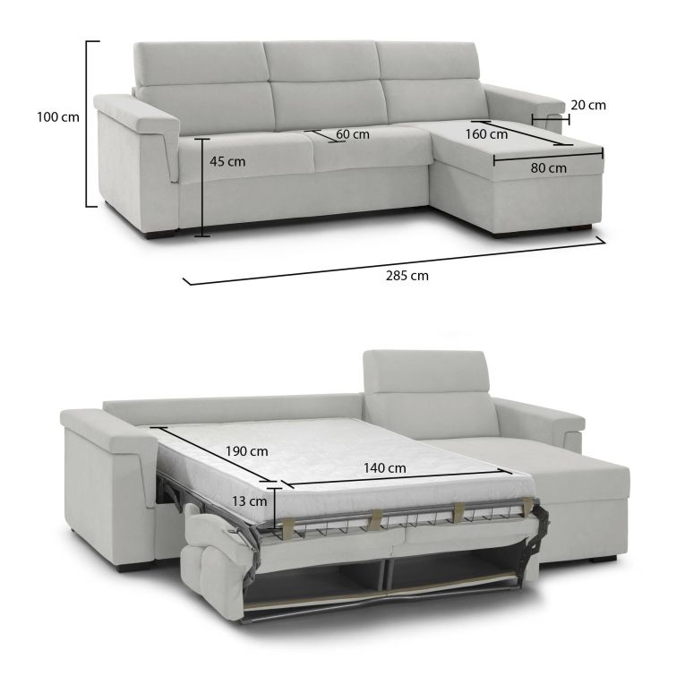 Divano letto con penisola Esca, 285x160 h100 cm, Grigio chiaro