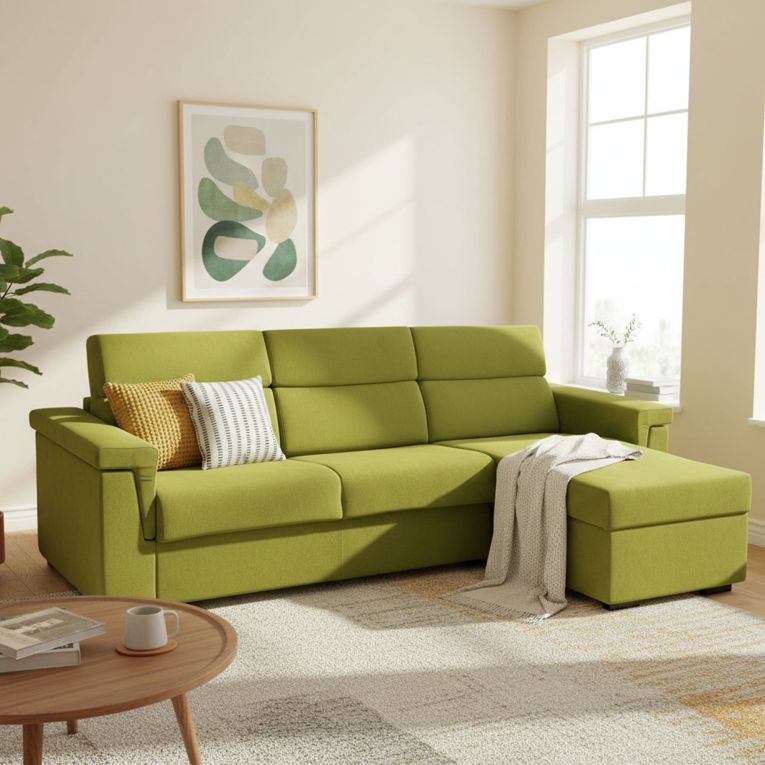 Divano letto con penisola Esca, 285x160 h100 cm, Verde