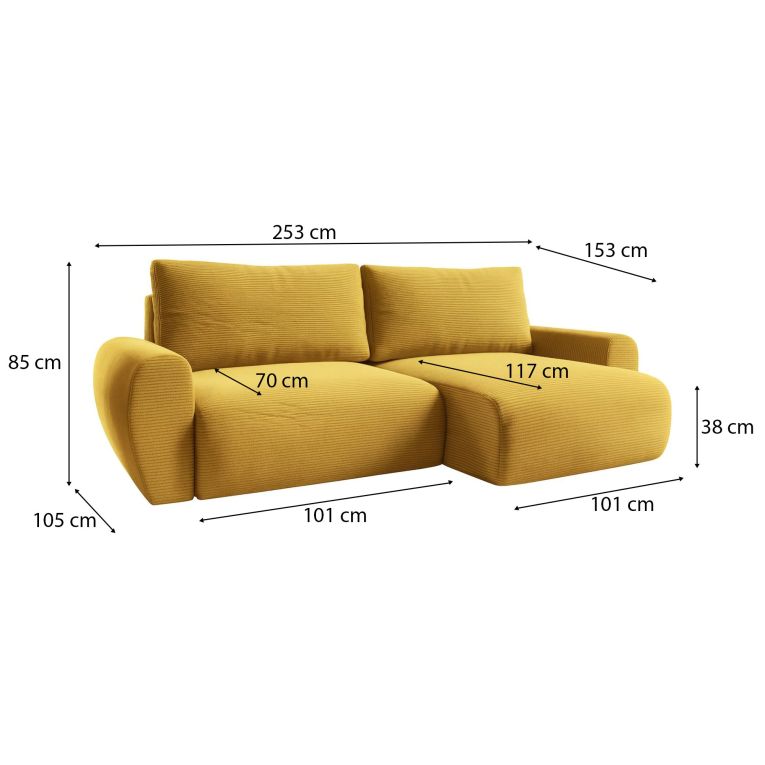 Divano Letto con Penisola Giallo Contenitore Reversibile 253x153 cm, Reclinabile - Paullo