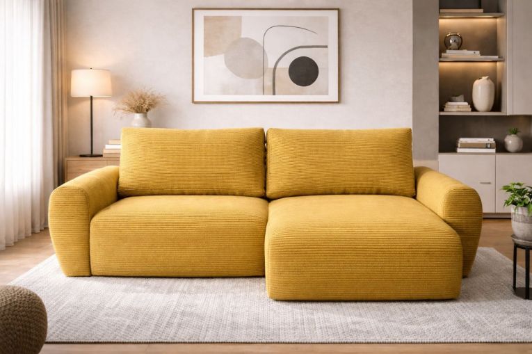 Divano Letto con Penisola Giallo Contenitore Reversibile 253x153 cm, Reclinabile - Paullo