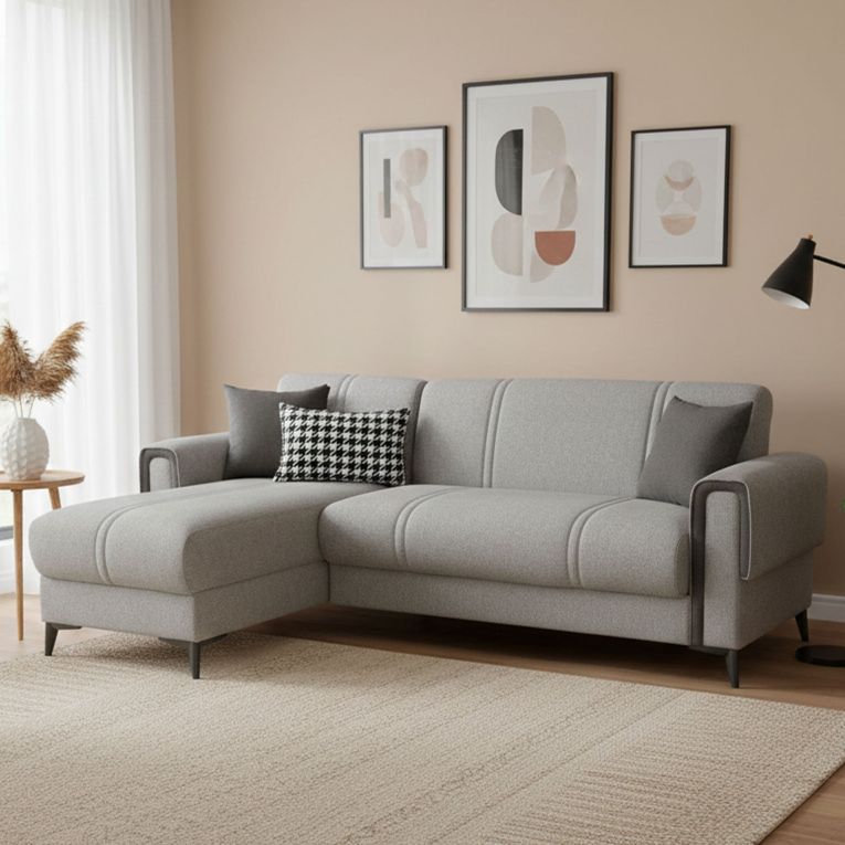 Divano Letto con Penisola Grigio Chiaro Grigio Scuro Contenitore 238x158 cm, Lavabile - Ogna