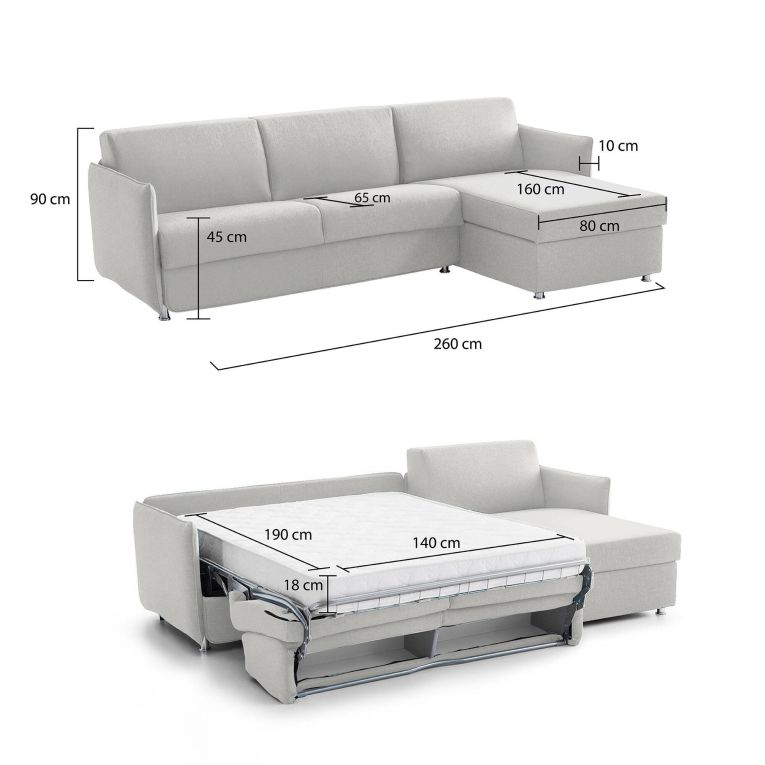 Divano Letto con Penisola Grigio Chiaro Sfoderabile Contenitore 260x160 cm, Idrorepellente Multiposizione Trasformabile in Letto Made in Italy - Sumirago
