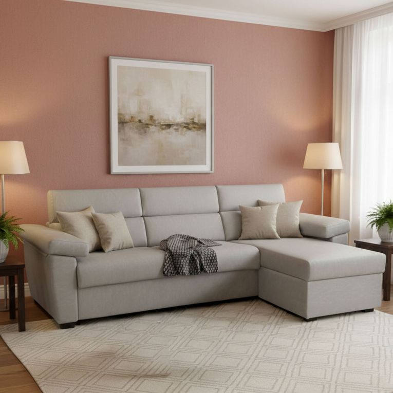 Divano Letto con Penisola Grigio Chiaro Sfoderabile Contenitore 285x160 cm, Idrorepellente Multiposizione Trasformabile in Letto Made in Italy