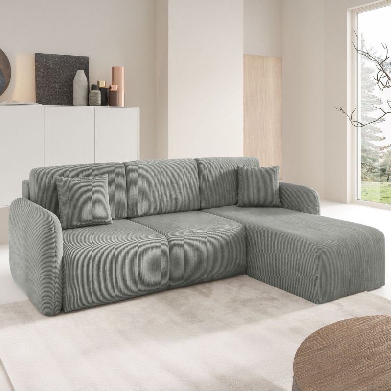 Divano Letto con Penisola Grigio Contenitore Cuscini Sfoderabili 245x185 cm, Reclinabile - Ranco