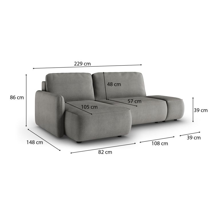 Divano Letto con Penisola Grigio Contenitore Reclinabile 229x148 cm, Cuscini Sfoderabili - Rezzo