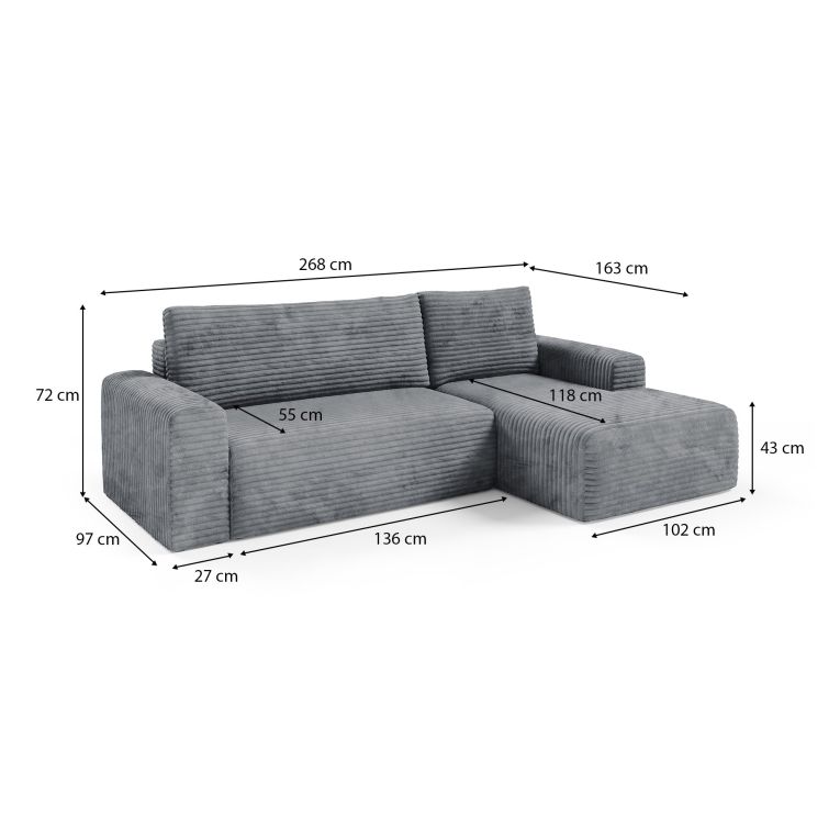 Divano Letto con Penisola Grigio Contenitore Reclinabile 268x163 cm, Cuscini Sfoderabili - Folgarida