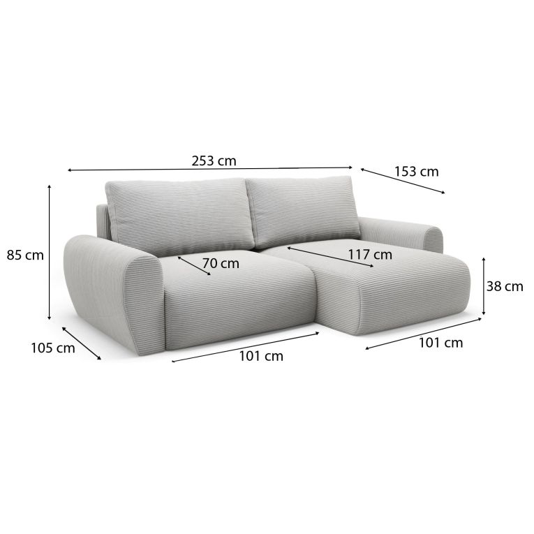 Divano Letto con Penisola Grigio Contenitore Reversibile 253x153 cm, Reclinabile - Paullo