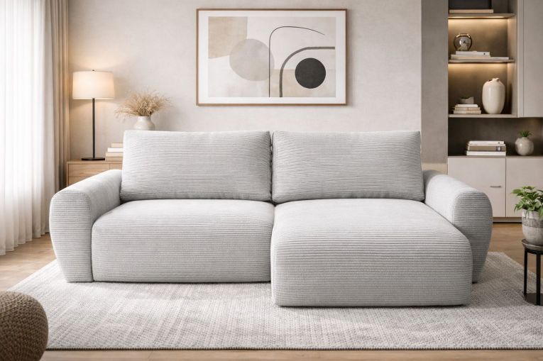 Divano Letto con Penisola Grigio Contenitore Reversibile 253x153 cm, Reclinabile - Paullo