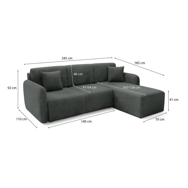 Divano Letto con Penisola Grigio Scuro Contenitore Reclinabile 245x185 cm, Reversibile - Ranco
