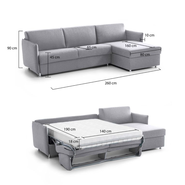 Divano Letto con Penisola Grigio Sfoderabile Contenitore 260x160 cm, Idrorepellente Trasformabile in Letto Rete Elettrosaldata Made in Italy