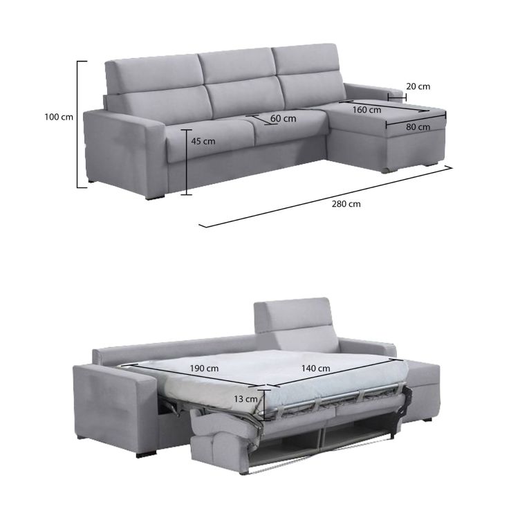 Divano Letto con Penisola Grigio Sfoderabile Contenitore 280x160 cm, Idrorepellente Multiposizione Trasformabile in Letto Made in Italy - Pusiano