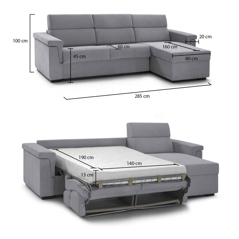 Divano Letto con Penisola Grigio Sfoderabile Contenitore 285x160 cm, Idrorepellente Multiposizione Trasformabile in Letto Made in Italy - Esca