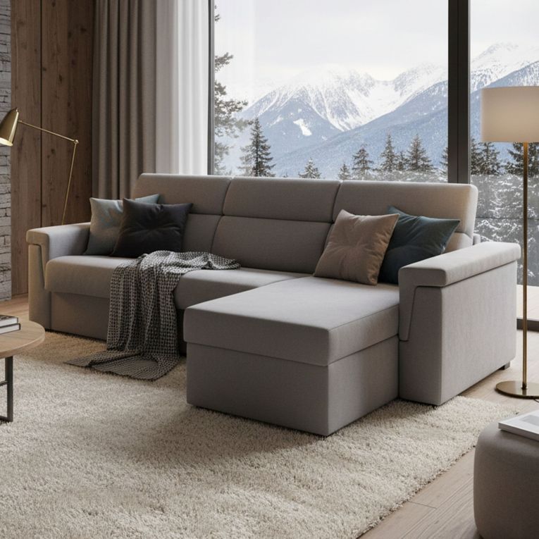 Divano Letto con Penisola Grigio Sfoderabile Contenitore 285x160 cm, Idrorepellente Multiposizione Trasformabile in Letto Made in Italy - Ganzaria