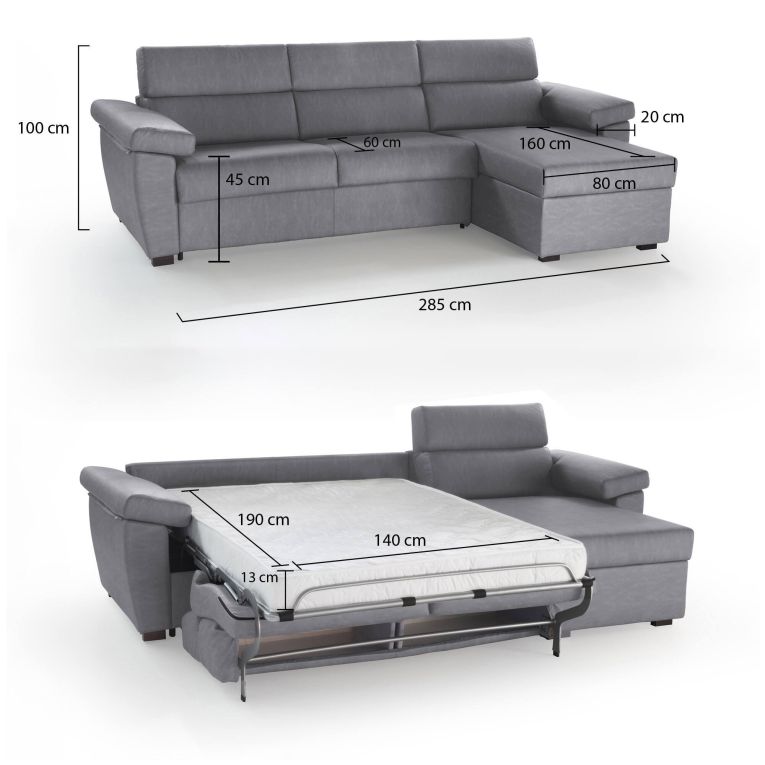 Divano Letto con Penisola Grigio Sfoderabile Contenitore 285x160 cm, Idrorepellente Multiposizione Trasformabile in Letto Made in Italy - Priverno