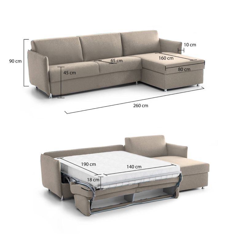 Divano Letto con Penisola Grigio Tortora Sfoderabile Contenitore 260x160 cm, Idrorepellente Multiposizione Made in Italy - Sumirago