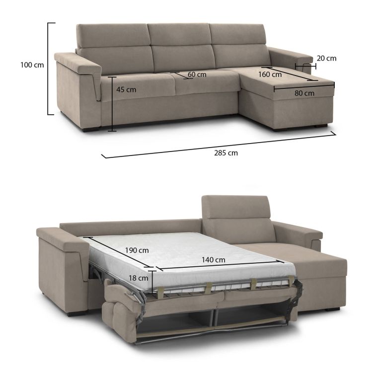 Divano Letto con Penisola Grigio Tortora Sfoderabile Contenitore 285x160 cm, Idrorepellente Trasformabile in Letto Made in Italy - Ganzaria