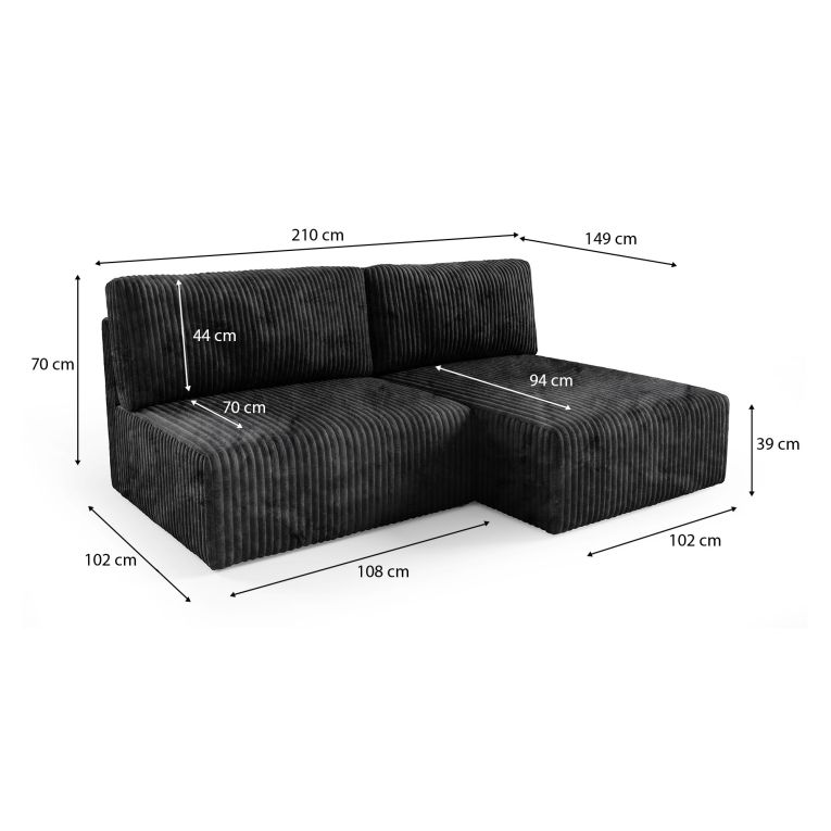 Divano Letto con Penisola Nero Contenitore Cuscini Sfoderabili 210x149 cm, Reclinabile - Pergola