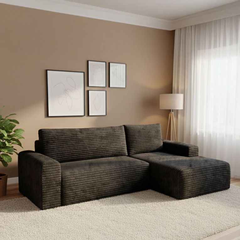 Divano Letto con Penisola Nero Contenitore Reclinabile 268x163 cm, Cuscini Sfoderabili - Folgarida