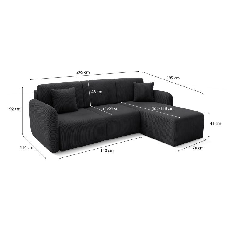 Divano Letto con Penisola Nero Contenitore Reversibile 245x185 cm, Reclinabile - Ranco