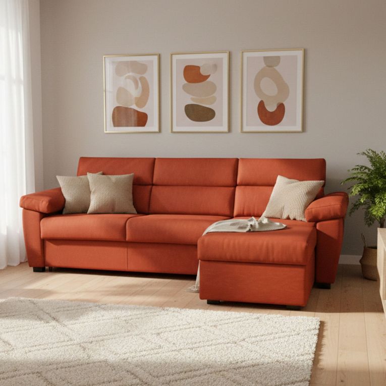 Divano letto con penisola Priverno, 285x160 h100 cm, Arancione