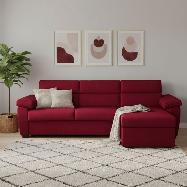 Divano letto con penisola Priverno, 285x160 h100 cm, Rosso