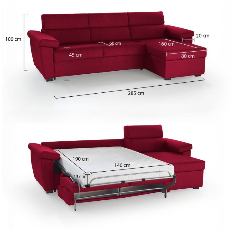 Divano letto con penisola Priverno, 285x160 h100 cm, Rosso