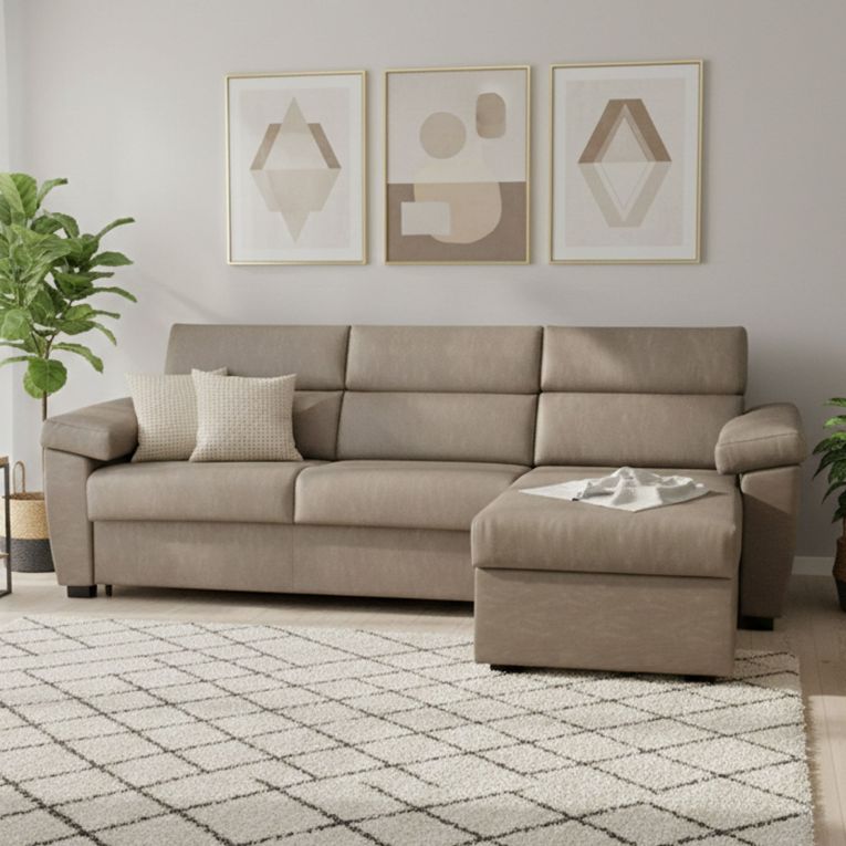 Divano letto con penisola Priverno, 285x160 h100 cm, Tortora