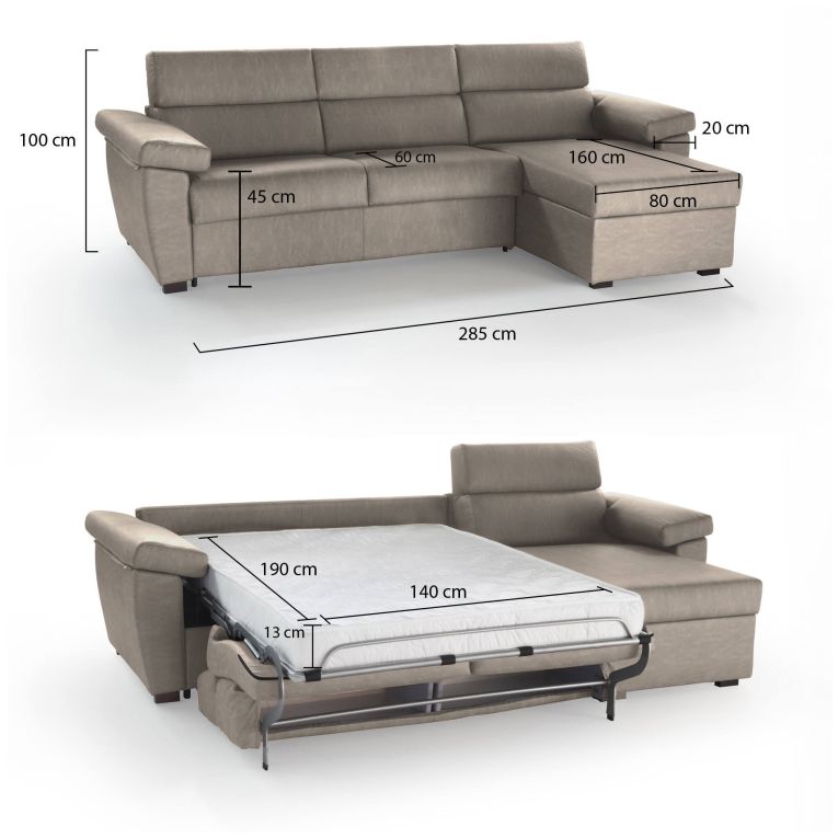 Divano letto con penisola Priverno, 285x160 h100 cm, Tortora