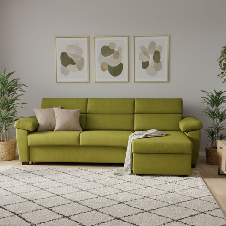 Divano letto con penisola Priverno, 285x160 h100 cm, Verde