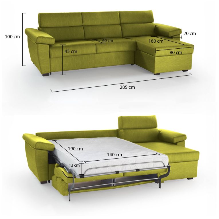 Divano letto con penisola Priverno, 285x160 h100 cm, Verde