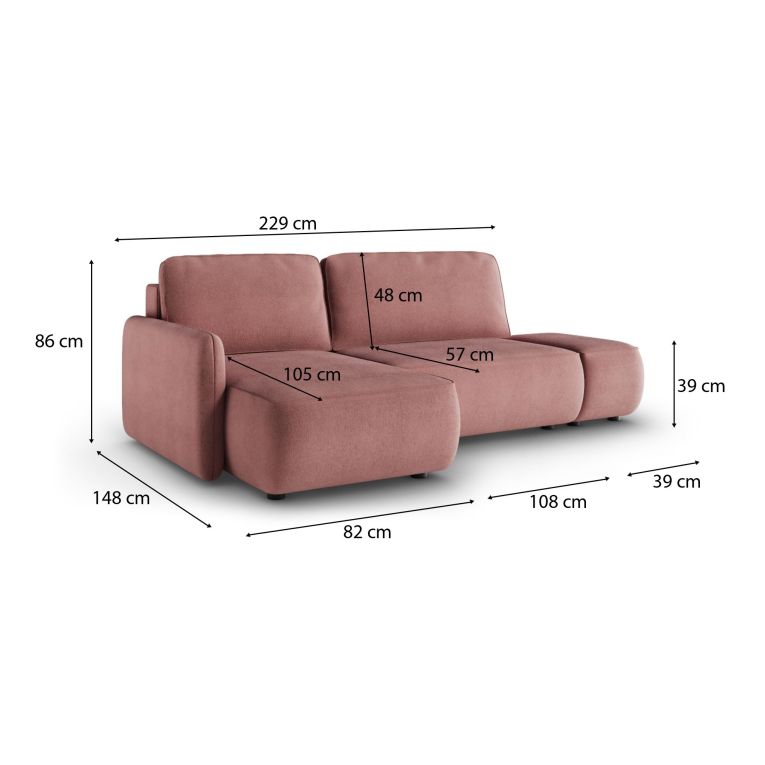 Divano Letto con Penisola Rosa Contenitore Reclinabile 229x148 cm, Cuscini Sfoderabili - Rezzo