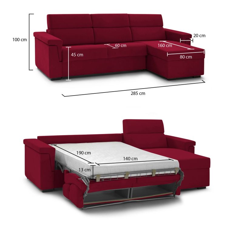 Divano letto con penisola rosso 285x160cm - Esca
