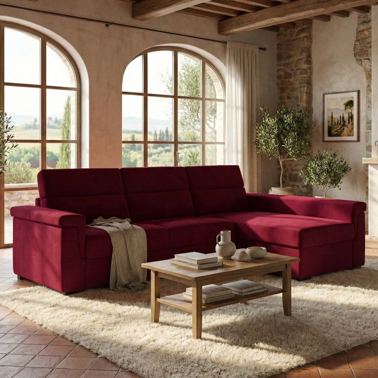 Divano letto con penisola rosso 285x160cm - Esca