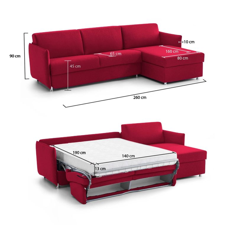 Divano Letto con Penisola Rosso Sfoderabile Contenitore 260x160 cm, Idrorepellente Multiposizione Trasformabile in Letto Made in Italy - Scordia