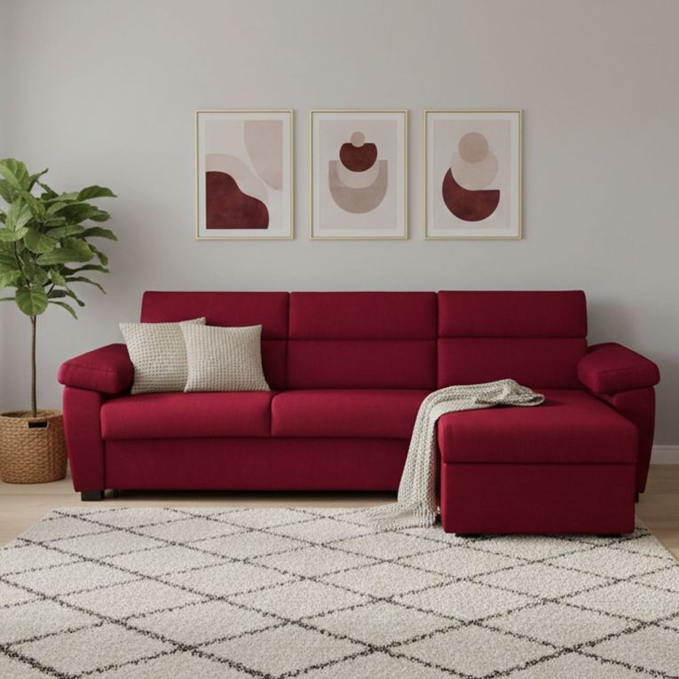 Divano Letto con Penisola Rosso Sfoderabile Contenitore 285x160 cm, Idrorepellente Multiposizione Trasformabile in Letto Made in Italy - Priverno