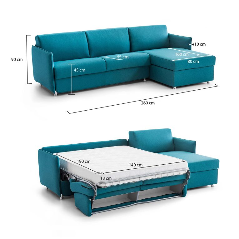 Divano letto con penisola Scordia, 260x160 h90 cm, Azzurro