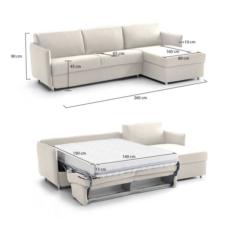 Divano letto con penisola Scordia, 260x160 h90 cm, Beige